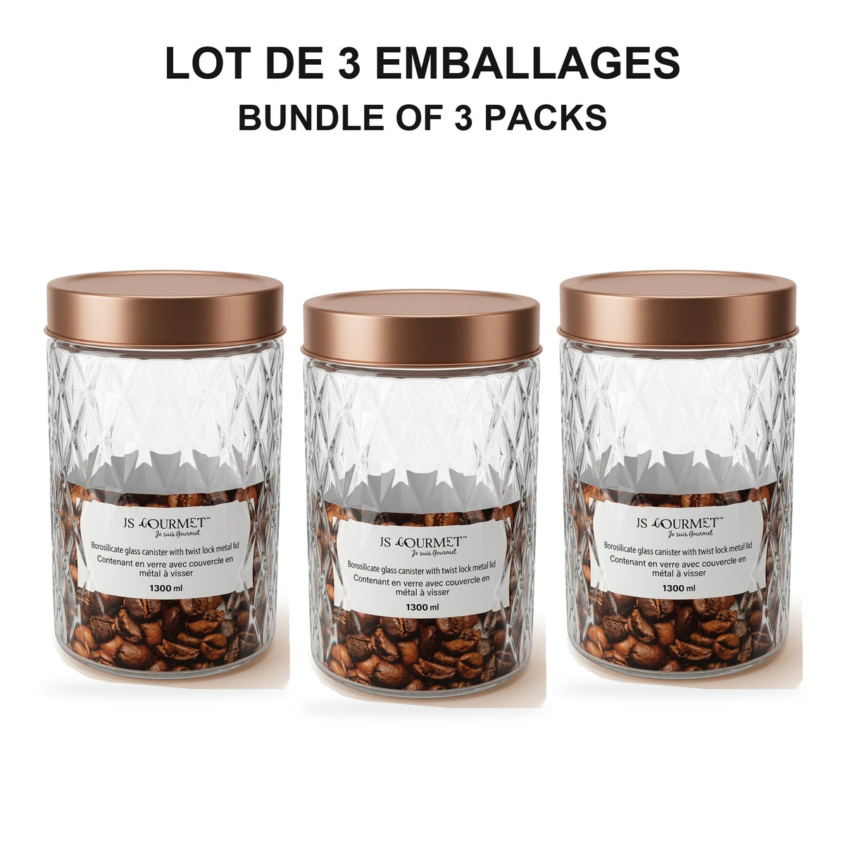 JS Gourmet - Ensemble de 3 Contenants en Verre Embossé avec Couvercle Hermétique, Capacité de 1300ml - emballage - Simple Boutique