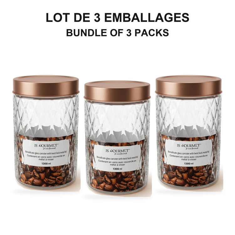 JS Gourmet - Ensemble de 3 Contenants en Verre Embossé avec Couvercle Hermétique, Capacité de 1300ml - emballage - Simple Boutique