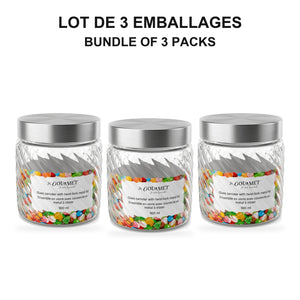 JS Gourmet - Ensemble de 3 Contenants en Verre Embossé avec Couvercle Hermétique, Capacité de 900ml - emballage - Simple Boutique
