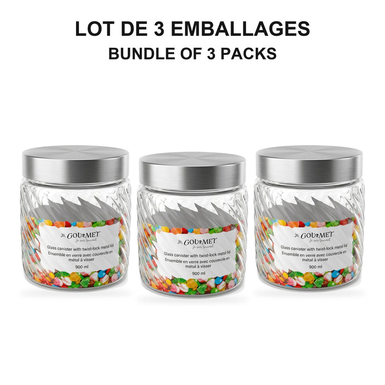 JS Gourmet - Ensemble de 3 Contenants en Verre Embossé avec Couvercle Hermétique, Capacité de 900ml - emballage - Simple Boutique