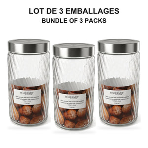 JS Gourmet - Ensemble de 3 Contenants en Verre Embossé avec Couvercle Hermétique, Capacité de 1700ml - emballage - Simple Boutique