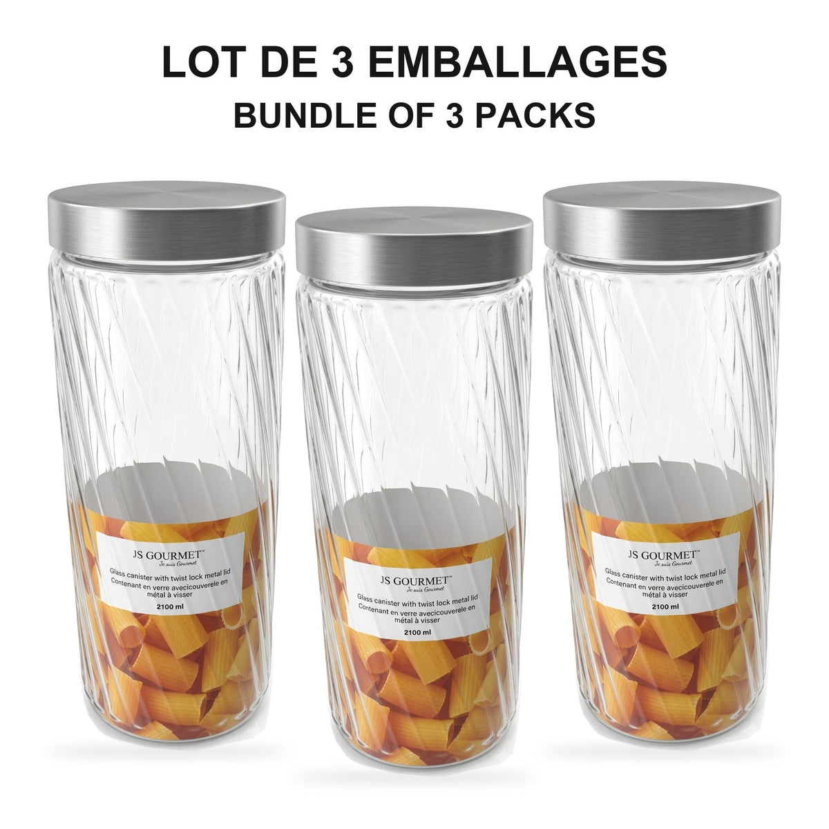 JS Gourmet - Ensemble de 3 Contenants en Verre Embossé avec Couvercle Hermétique, Capacité de 2100ml - emballage - Simple Boutique