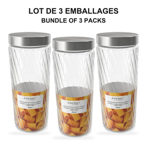 JS Gourmet - Ensemble de 3 Contenants en Verre Embossé avec Couvercle Hermétique, Capacité de 2100ml - emballage - Simple Boutique