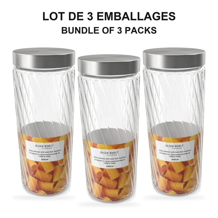 JS Gourmet - Ensemble de 3 Contenants en Verre Embossé avec Couvercle Hermétique, Capacité de 2100ml - emballage - Simple Boutique