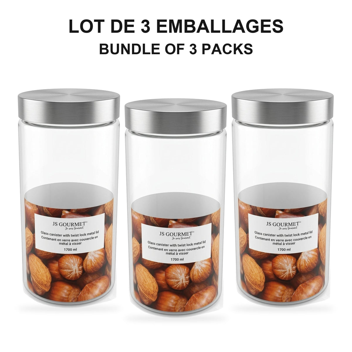JS Gourmet - Ensemble de 3 Contenants en Verre avec Couvercle Hermétique, Capacité de 1700ml - emballage - Simple Boutique