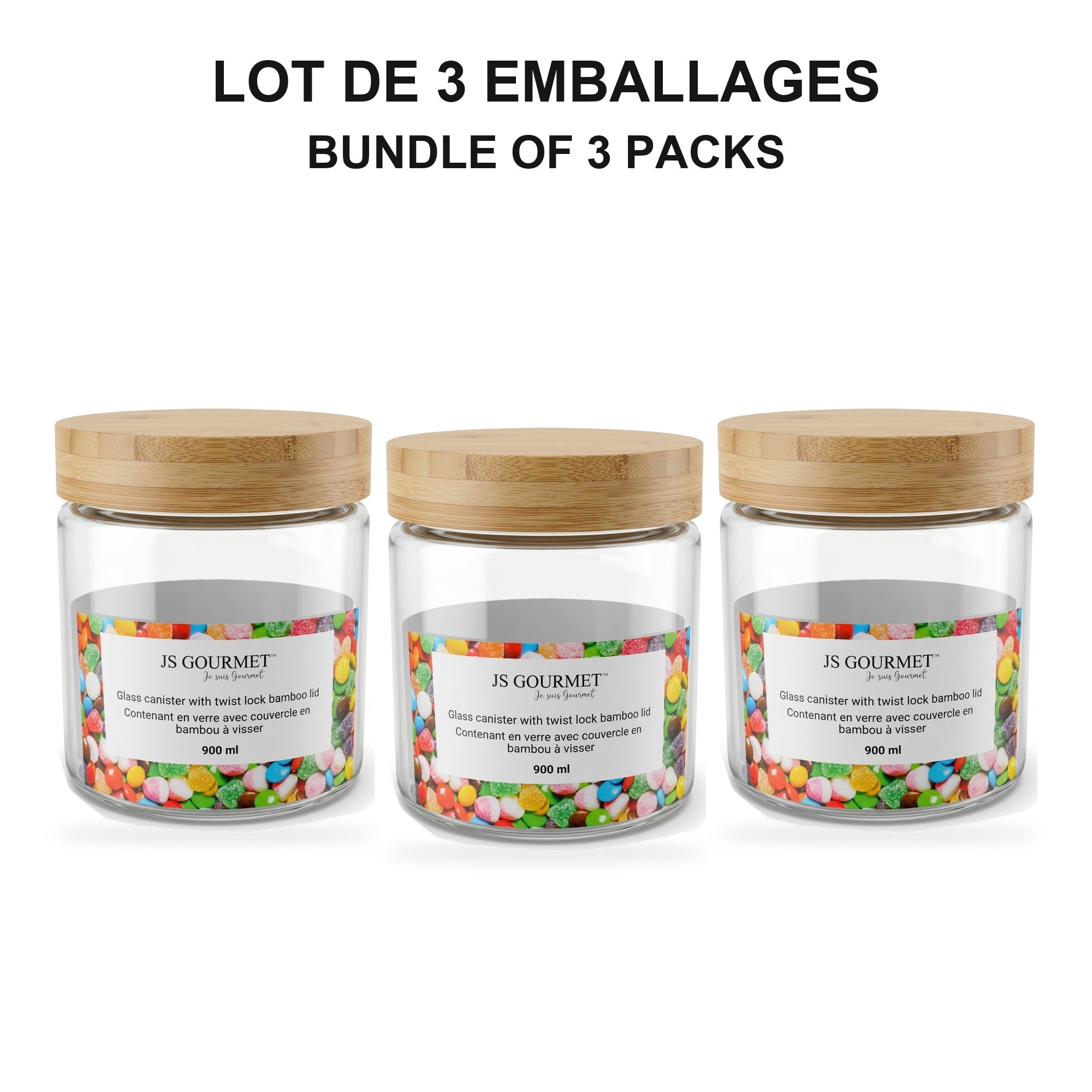 JS Gourmet - Ensemble de 3 Contenants en Verre avec Couvercle Hermétique, Capacité de 900ml - emballage - Simple Boutique
