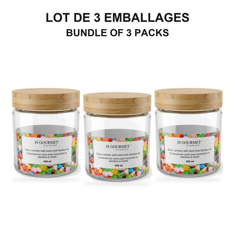 JS Gourmet - Ensemble de 3 Contenants en Verre avec Couvercle Hermétique, Capacité de 900ml - emballage - Simple Boutique