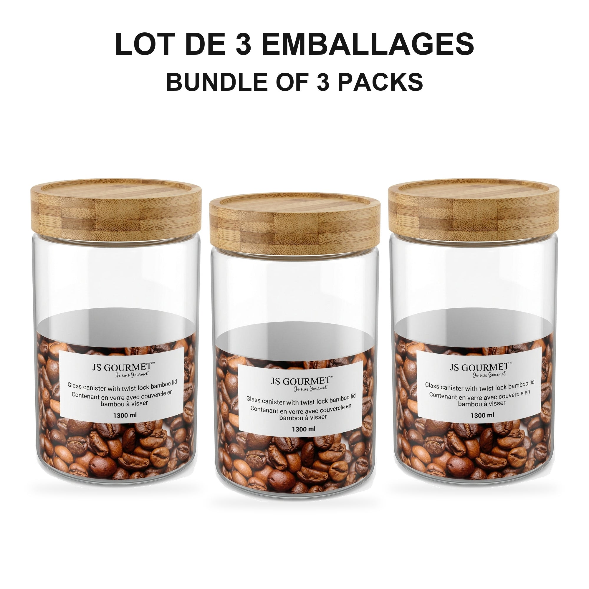 JS Gourmet - Ensemble de 3 Contenants en Verre avec Couvercle Hermétique, Capacité de 1300ml - emballage - Simple Boutique