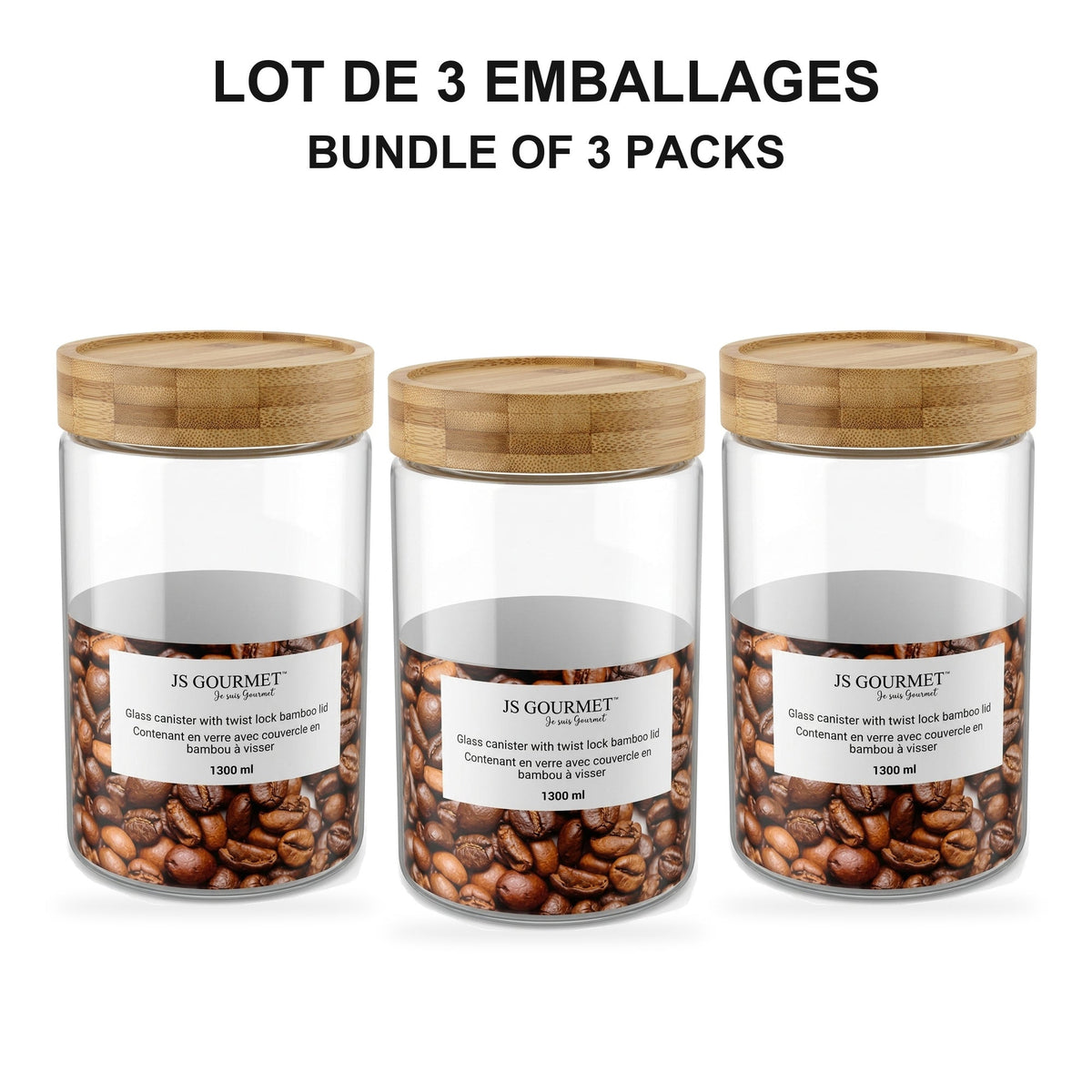 JS Gourmet - Ensemble de 3 Contenants en Verre avec Couvercle Hermétique, Capacité de 1300ml - emballage - Simple Boutique