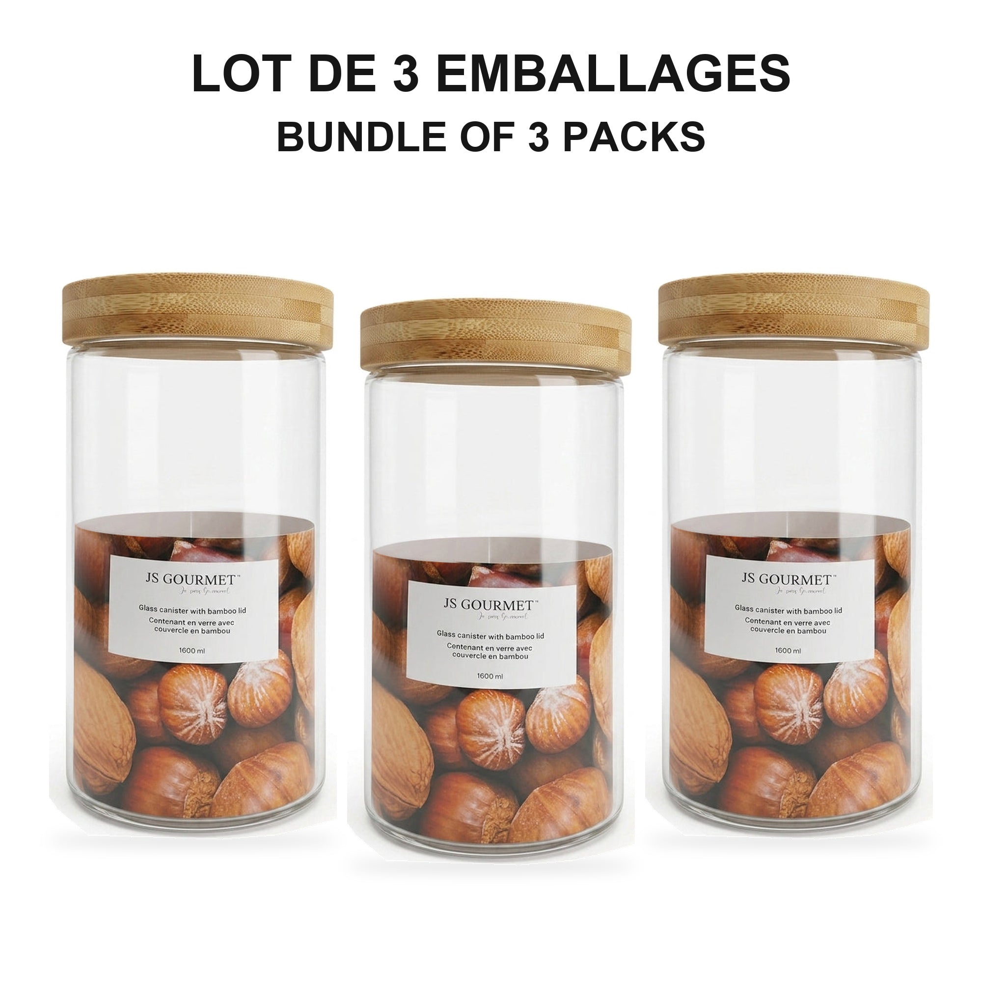 JS Gourmet - Ensemble de 3 Contenants en Verre avec Couvercle Hermétique, Capacité de 1700ml - emballage - Simple Boutique
