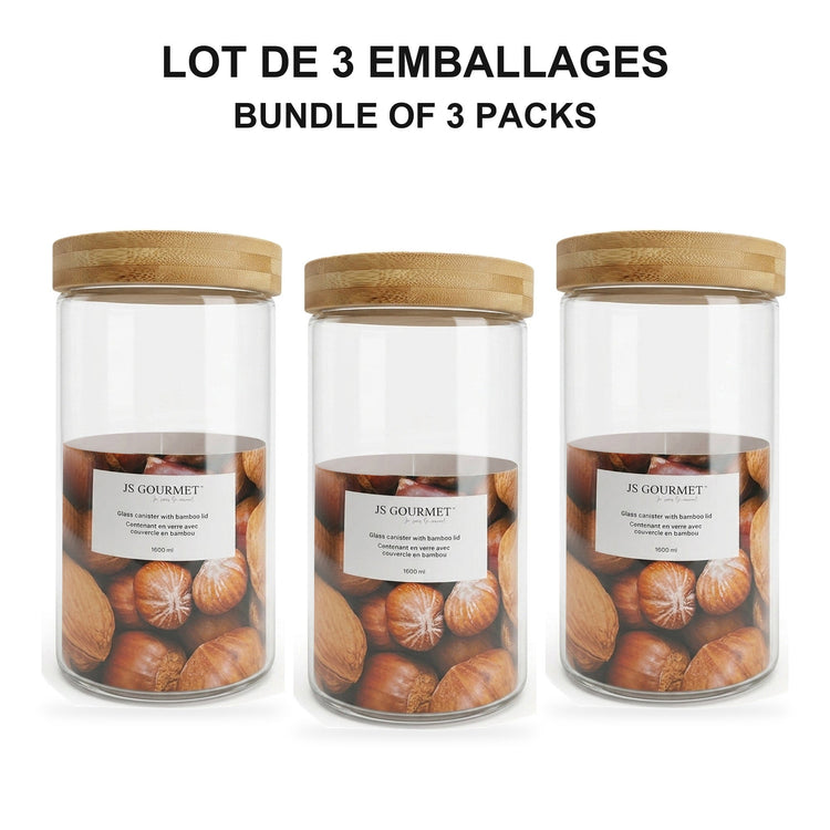 JS Gourmet - Ensemble de 3 Contenants en Verre avec Couvercle Hermétique, Capacité de 1700ml - emballage - Simple Boutique