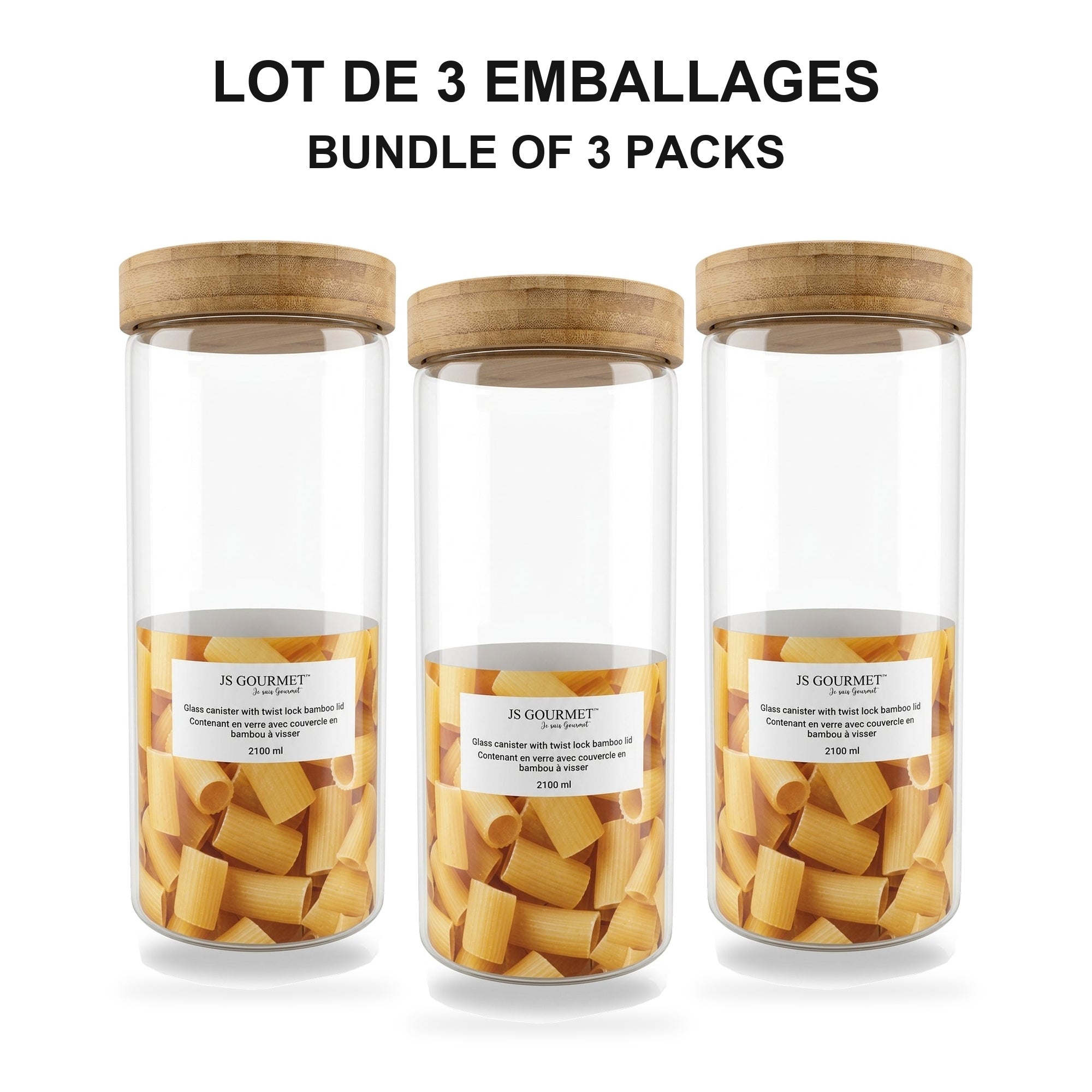 JS Gourmet - Ensemble de 3 Contenants en Verre avec Couvercle Hermétique, Capacité de 2100ml - emballage - Simple Boutique