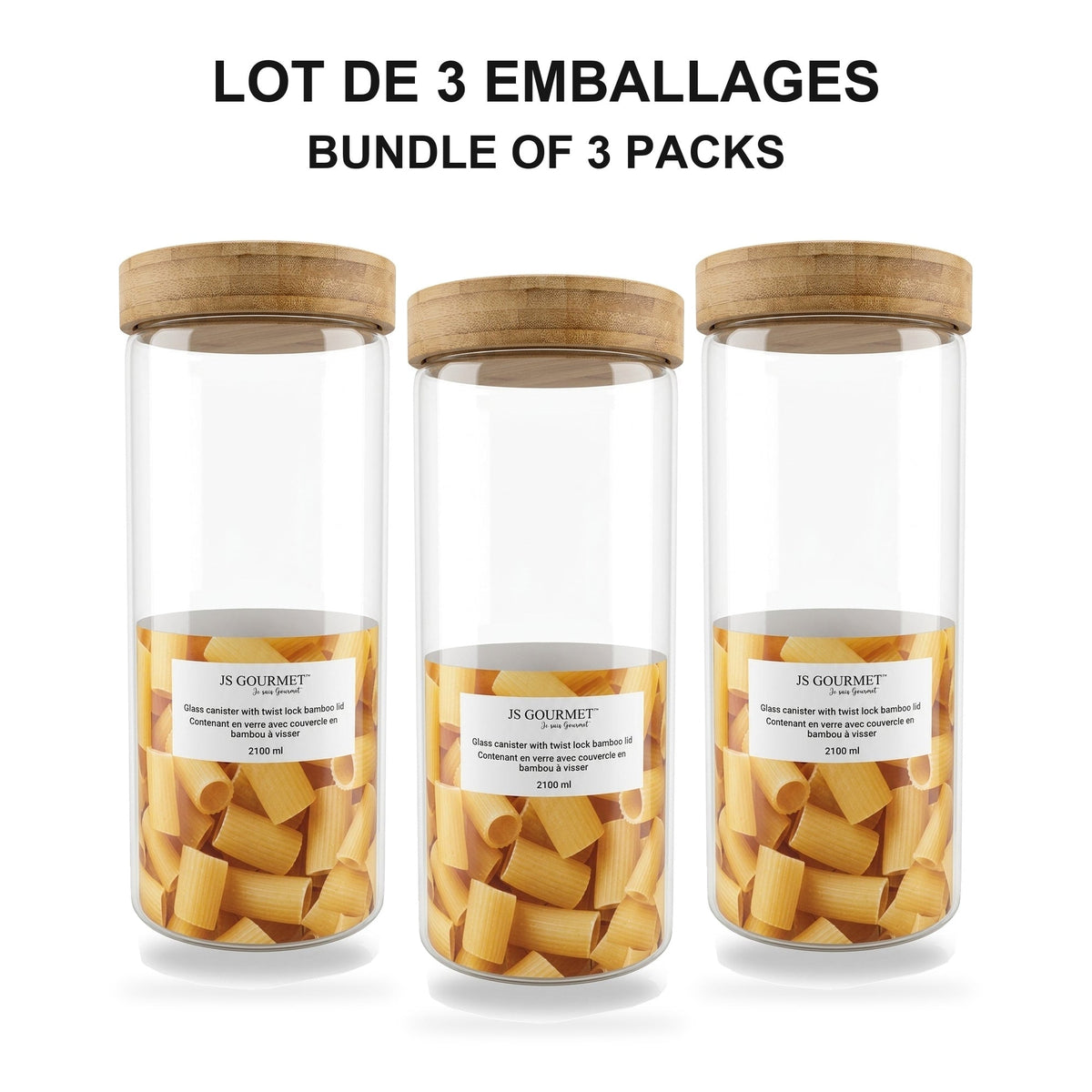 JS Gourmet - Ensemble de 3 Contenants en Verre avec Couvercle Hermétique, Capacité de 2100ml - emballage - Simple Boutique