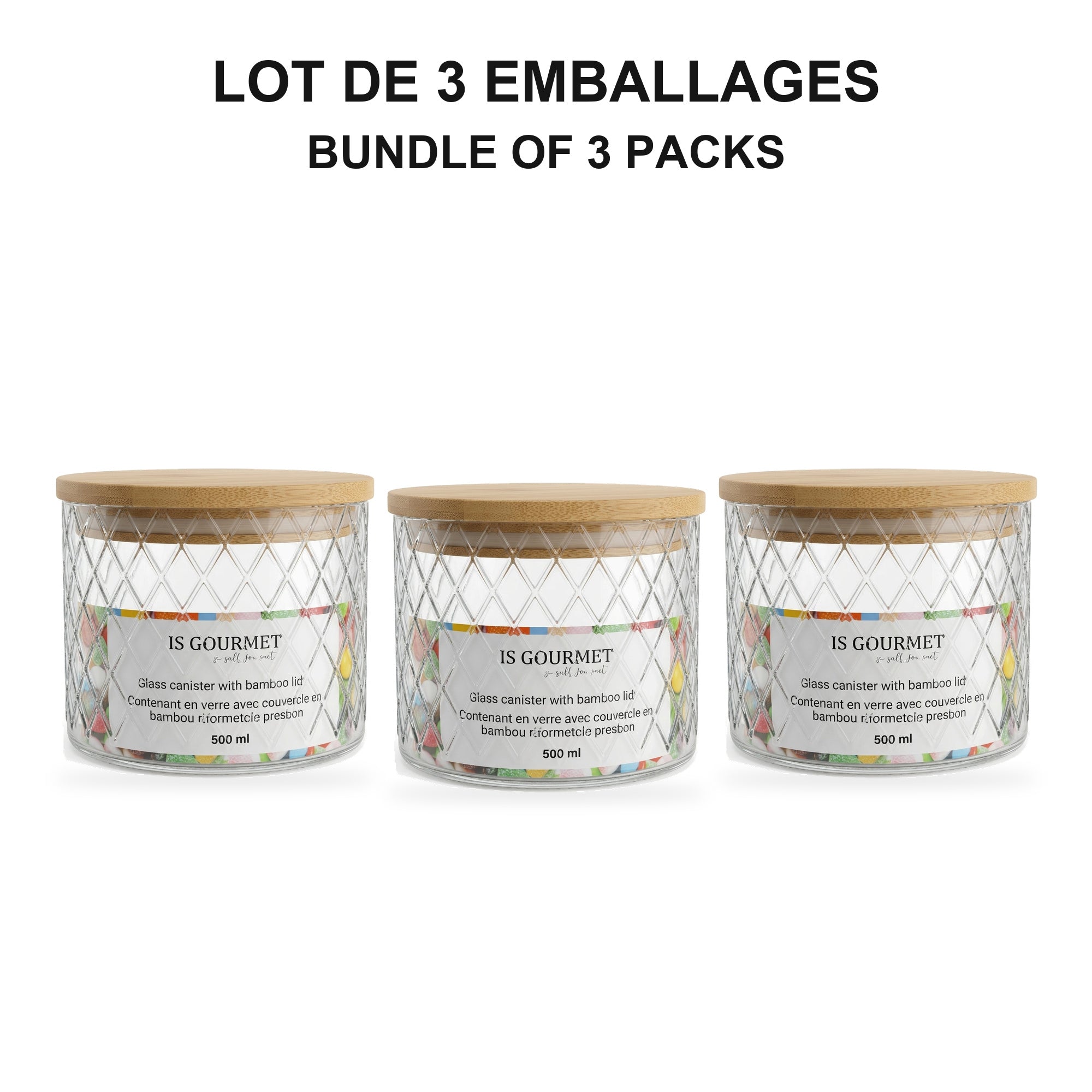 JS Gourmet  - Ensemble de 3 Contenants en Verre Embossé avec Couvercle Hermétique, Capacité de 500ml - emballage - Simple Boutique