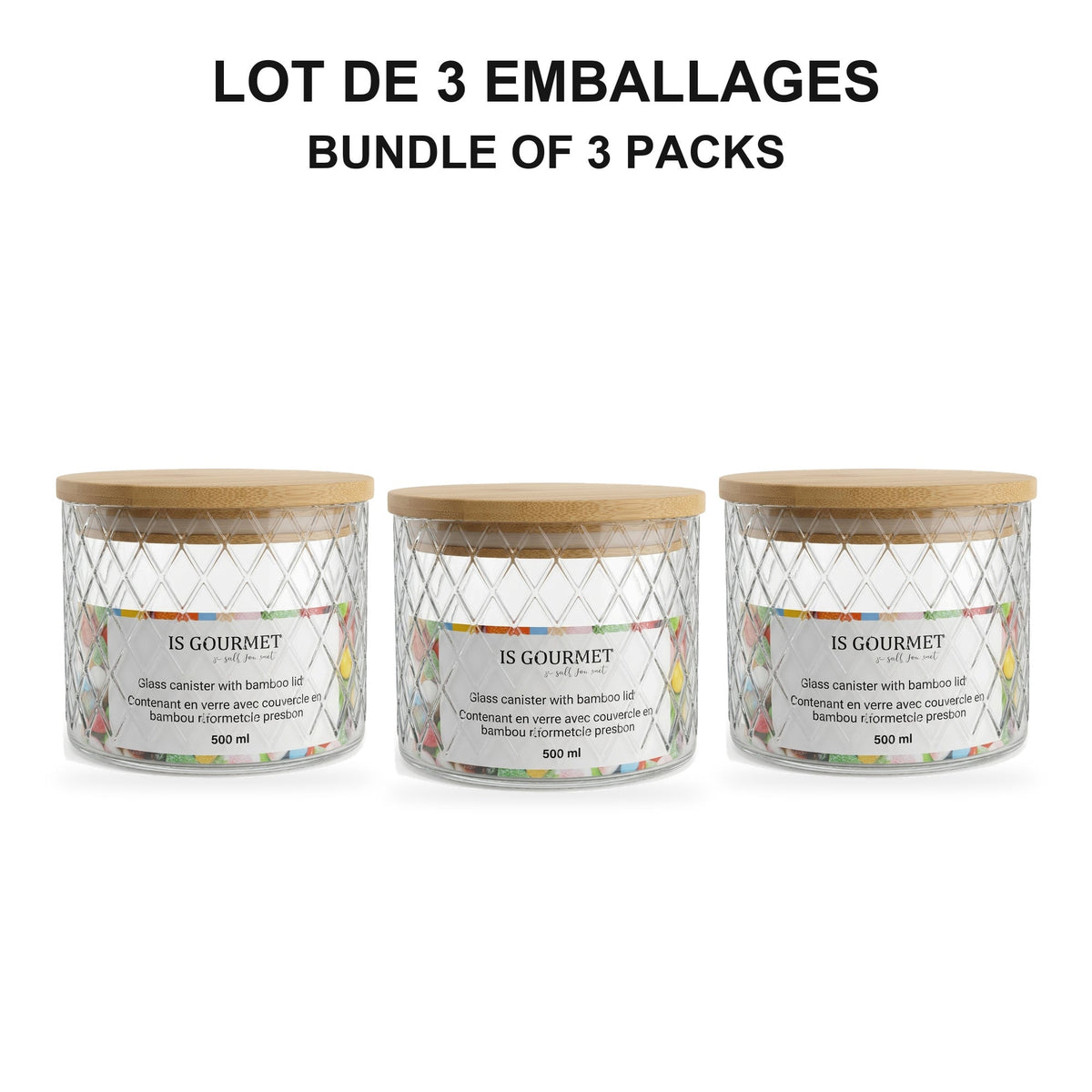 JS Gourmet  - Ensemble de 3 Contenants en Verre Embossé avec Couvercle Hermétique, Capacité de 500ml - emballage - Simple Boutique