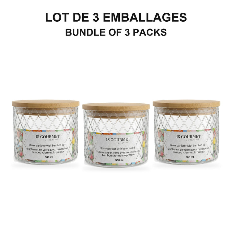 JS Gourmet  - Ensemble de 3 Contenants en Verre Embossé avec Couvercle Hermétique, Capacité de 500ml - emballage - Simple Boutique