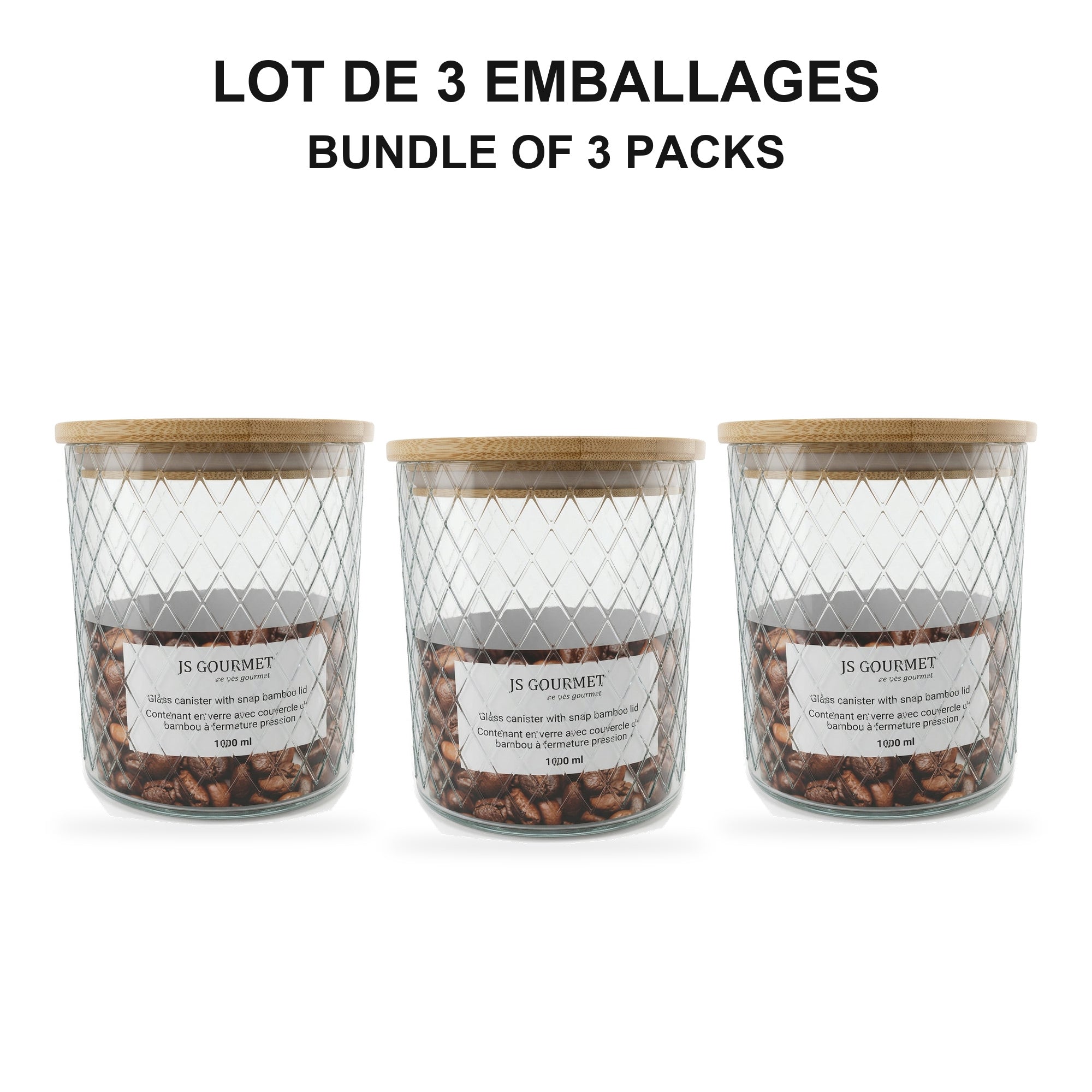 JS Gourmet  - Ensemble de 3 Contenants en Verre Embossé avec Couvercle Hermétique, Capacité de 1000ml - emballage - Simple Boutique