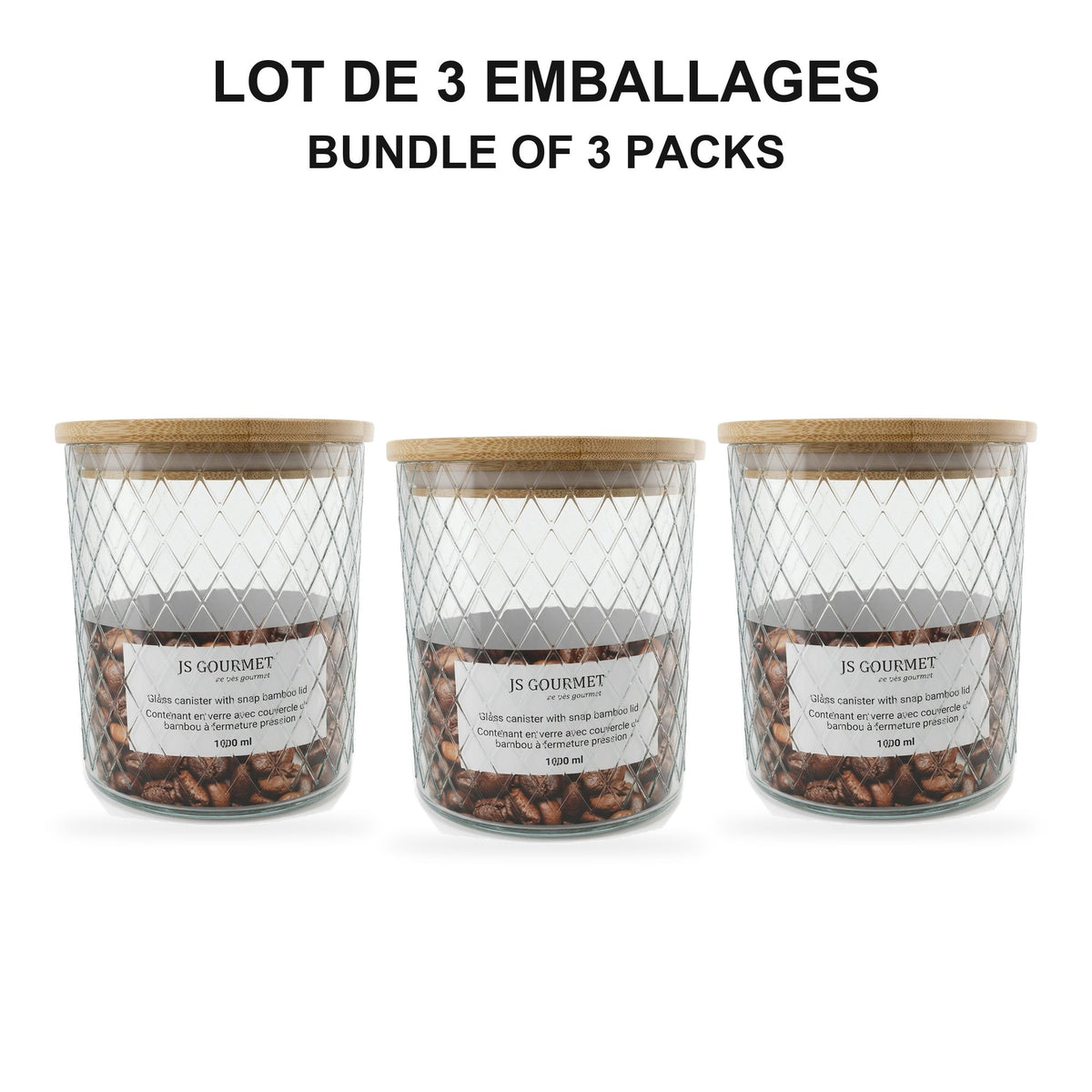 JS Gourmet  - Ensemble de 3 Contenants en Verre Embossé avec Couvercle Hermétique, Capacité de 1000ml - emballage - Simple Boutique