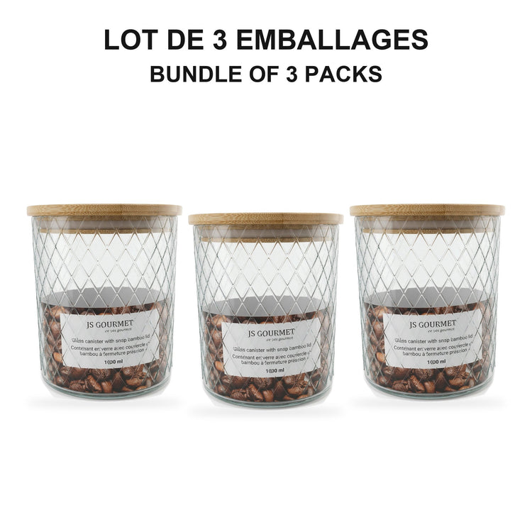 JS Gourmet  - Ensemble de 3 Contenants en Verre Embossé avec Couvercle Hermétique, Capacité de 1000ml - emballage - Simple Boutique