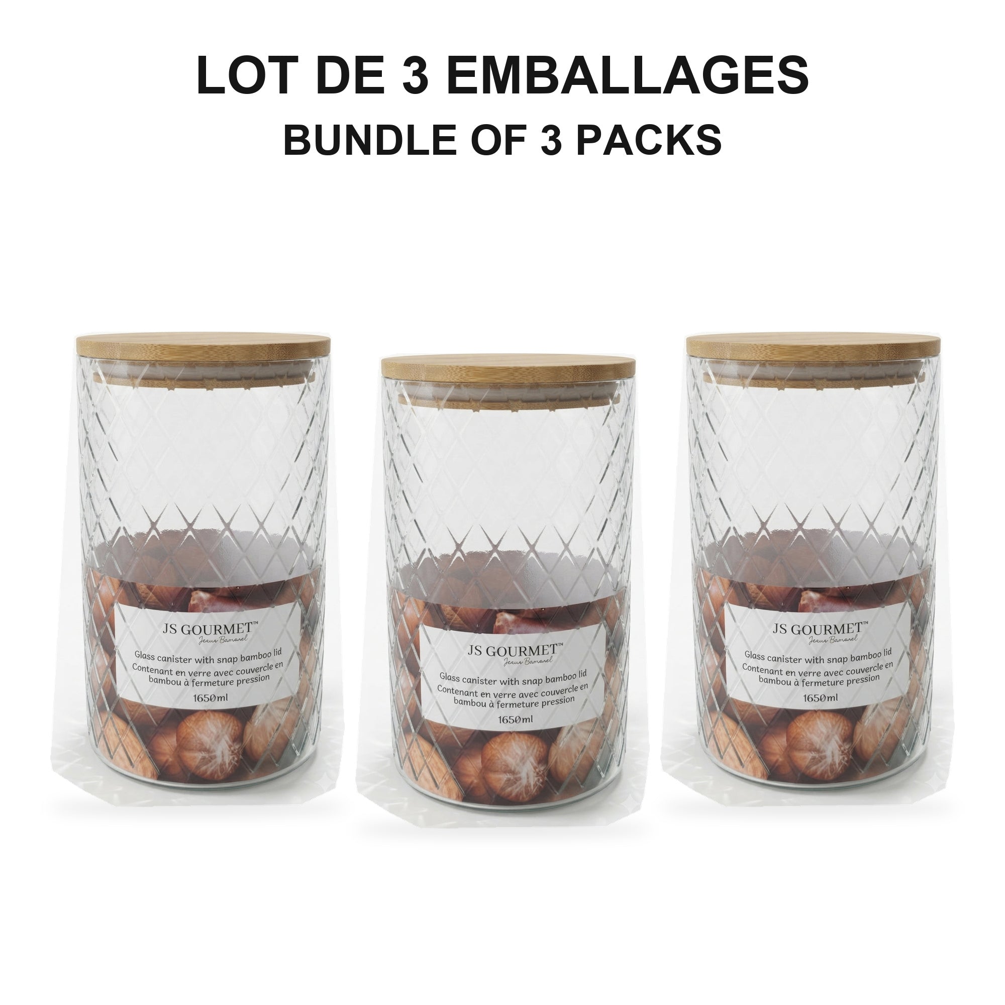 JS Gourmet  - Ensemble de 3 Contenants en Verre Embossé avec Couvercle Hermétique, Capacité de 1500ml - emballage - Simple Boutique