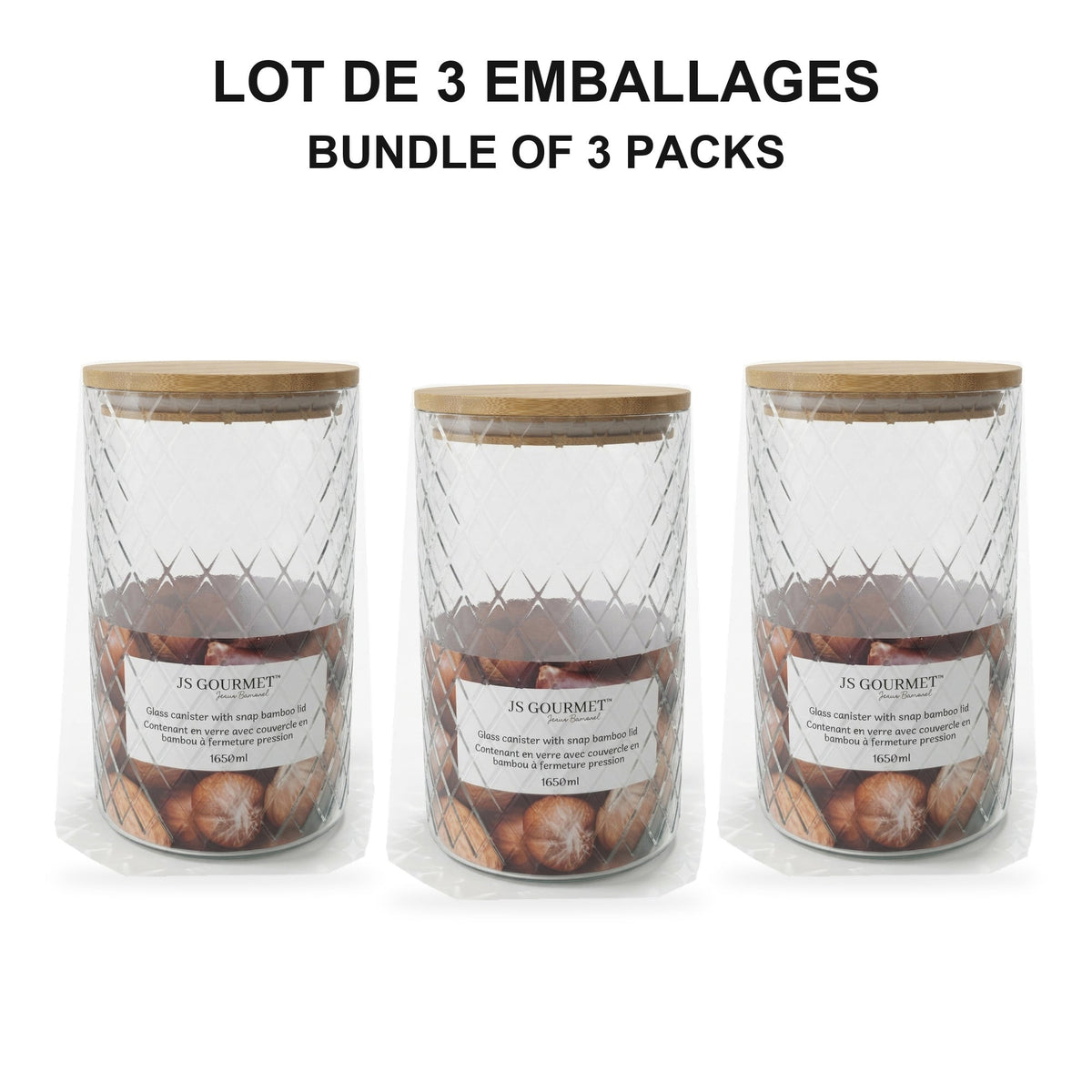 JS Gourmet  - Ensemble de 3 Contenants en Verre Embossé avec Couvercle Hermétique, Capacité de 1500ml - emballage - Simple Boutique