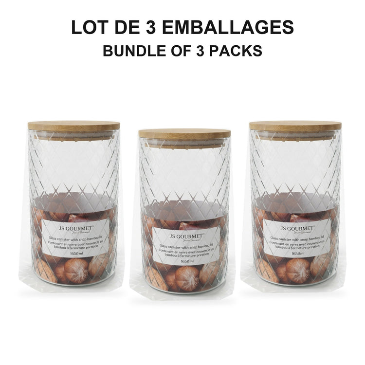 JS Gourmet  - Ensemble de 3 Contenants en Verre Embossé avec Couvercle Hermétique, Capacité de 1500ml - emballage - Simple Boutique