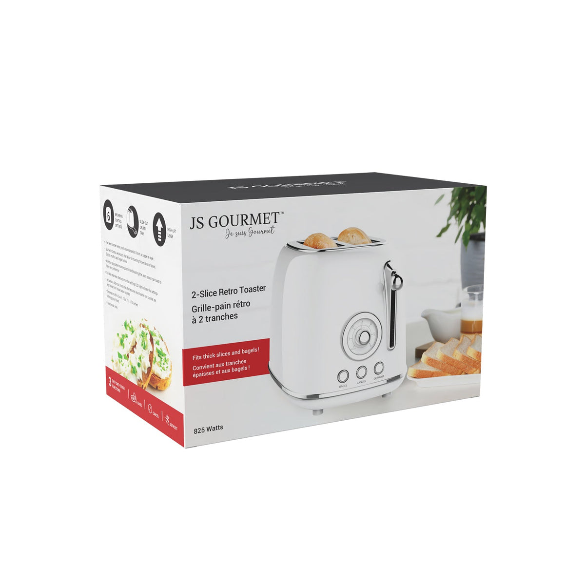 JS Gourmet - Grille-Pain Rétro à 2 Tranches Extra-Large, 6 Niveaux de Brunissage, 825 Watts, Blanc - emballage - Simple Boutique