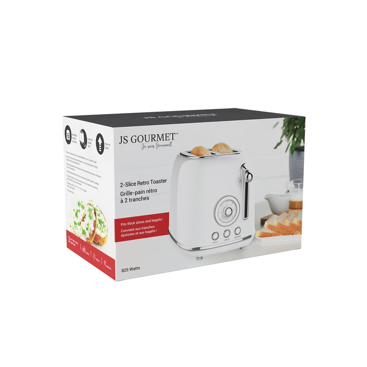 JS Gourmet - Grille-Pain Rétro à 2 Tranches Extra-Large, 6 Niveaux de Brunissage, 825 Watts, Blanc - emballage - Simple Boutique