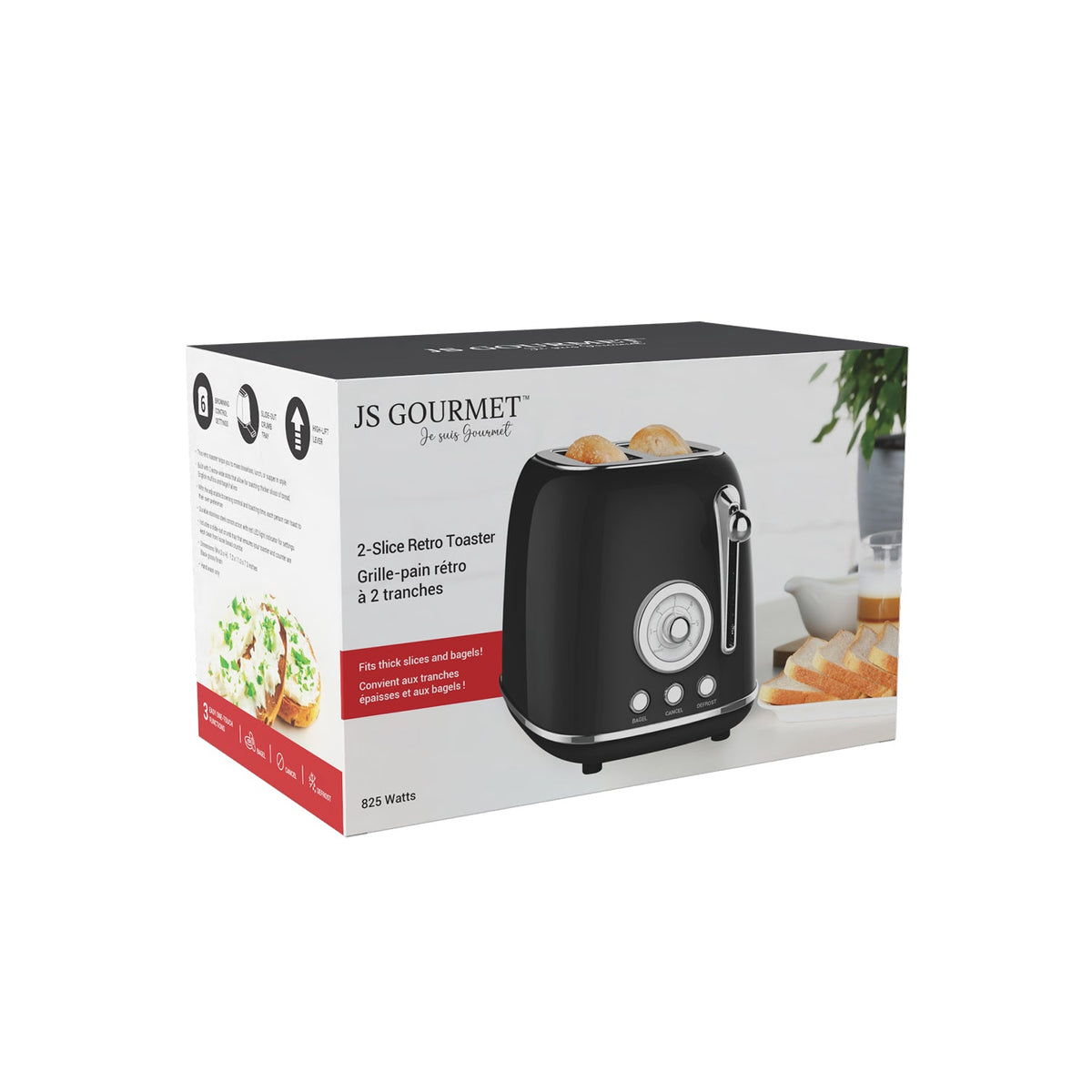 JS Gourmet - Grille-Pain Rétro à 2 Tranches Extra-Large, 6 Niveaux de Brunissage, 825 Watts, Noir - emballage - Simple Boutique