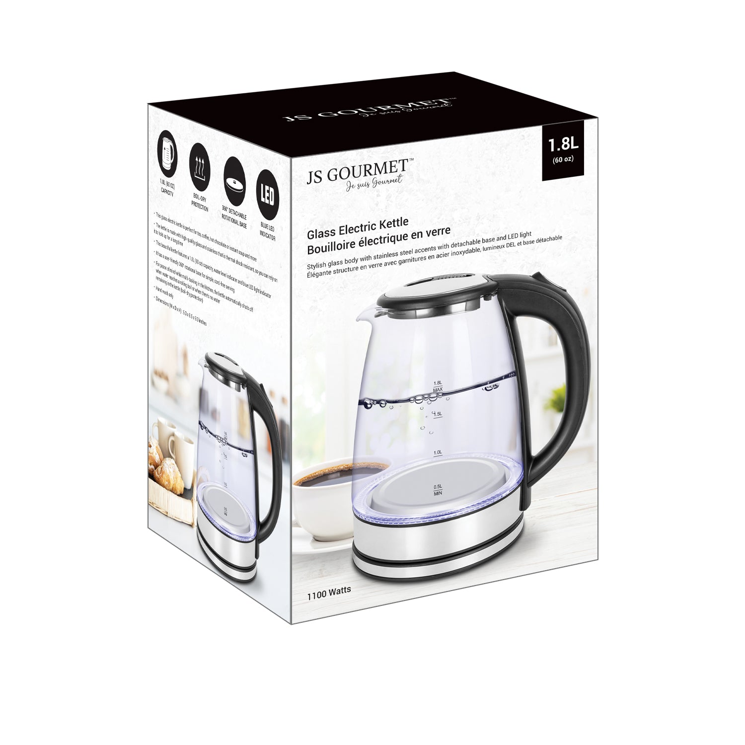 JS Gourmet - Bouilloire Électrique en Verre avec Lumière LED, Capacité de 1.8 Litre, 1100 Watts - emballage - Simple Boutique