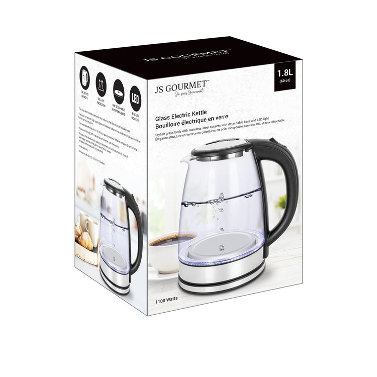 JS Gourmet - Bouilloire Électrique en Verre avec Lumière LED, Capacité de 1.8 Litre, 1100 Watts - emballage - Simple Boutique