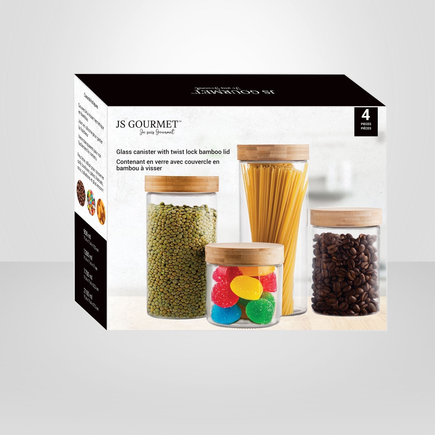 JS Gourmet - Ensemble de 4 Contenants en Verre avec Couvercle Hermétique, Taille Variées - emballage - Simple Boutique