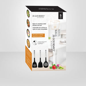 JS Gourmet - Ensemble de 5 Ustensiles de Cuisine en Nylon et Acier Inoxydable, Résistant à la Chaleur - emballage - Simple Boutique
