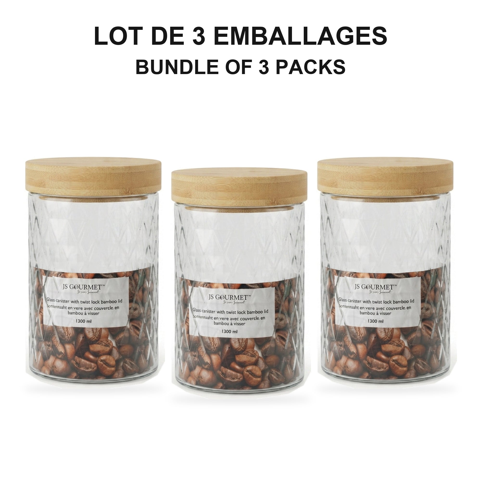 JS Gourmet  - Ensemble de 3 Contenants en Verre Embossé avec Couvercle Hermétique, Capacité de 1300ml - emballage - Simple Boutique