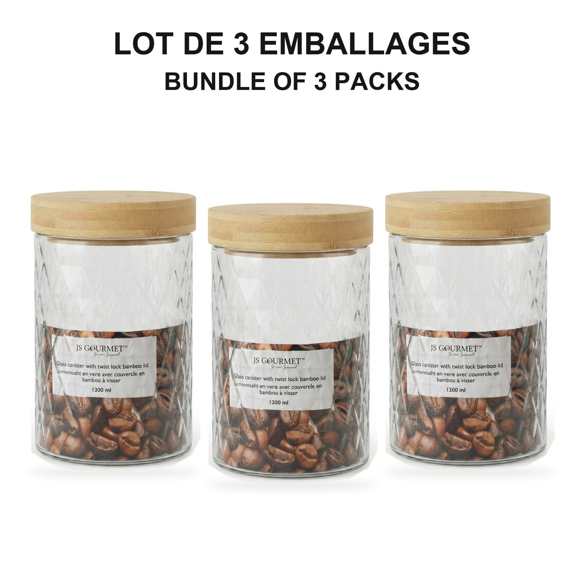 JS Gourmet  - Ensemble de 3 Contenants en Verre Embossé avec Couvercle Hermétique, Capacité de 1300ml - emballage - Simple Boutique