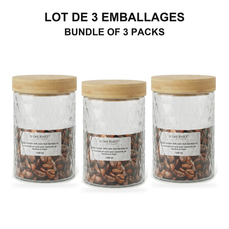 JS Gourmet  - Ensemble de 3 Contenants en Verre Embossé avec Couvercle Hermétique, Capacité de 1300ml - emballage - Simple Boutique