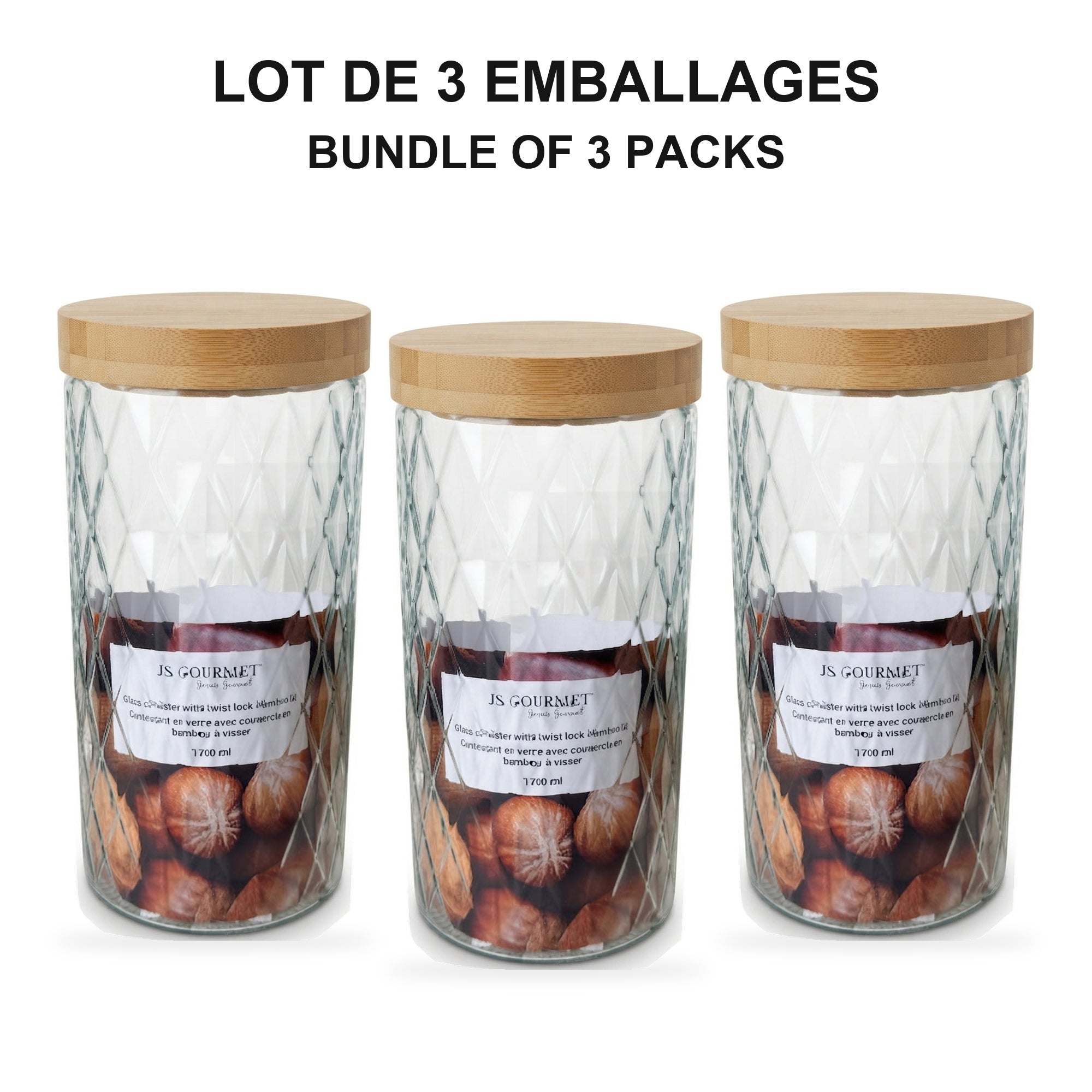 JS Gourmet  - Ensemble de 3 Contenants en Verre Embossé avec Couvercle Hermétique, Capacité de 1700ml - emballage - Simple Boutique