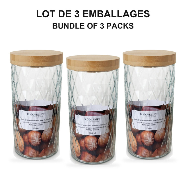 JS Gourmet  - Ensemble de 3 Contenants en Verre Embossé avec Couvercle Hermétique, Capacité de 1700ml - emballage - Simple Boutique