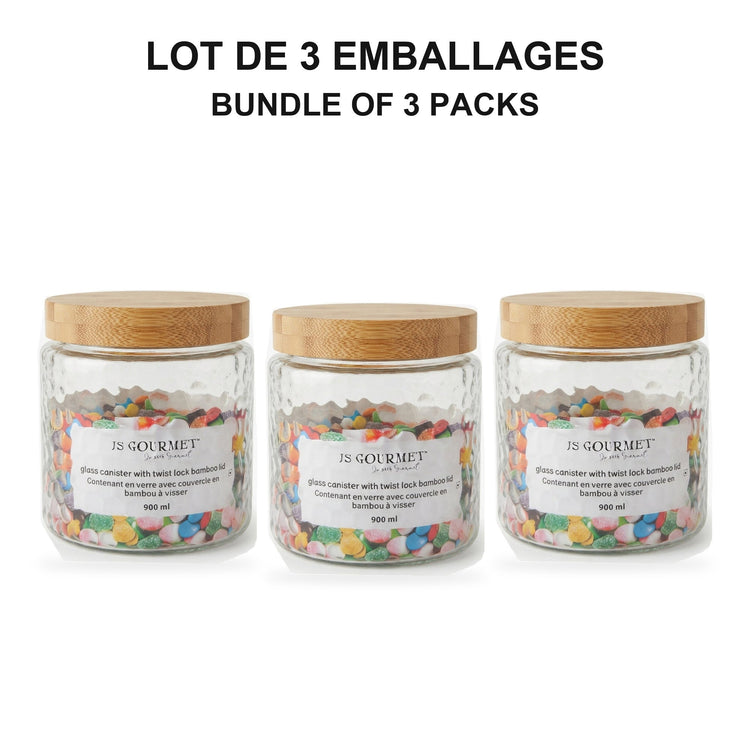 JS Gourmet  - Ensemble de 3 Contenants en Verre Embossé avec Couvercle Hermétique, Capacité de 900ml - emballage - Simple Boutique