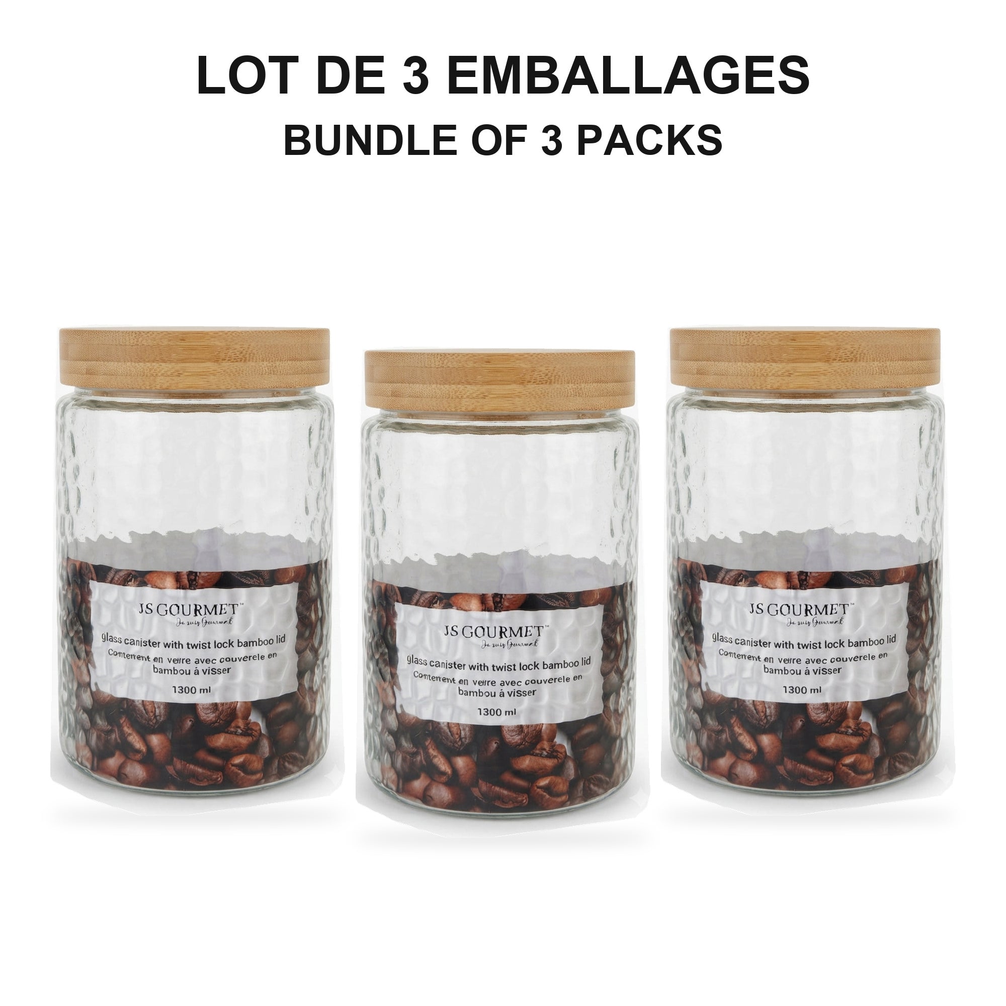 JS Gourmet  - Ensemble de 3 Contenants en Verre Embossé avec Couvercle Hermétique, Capacité de 1300ml - emballage - Simple Boutique