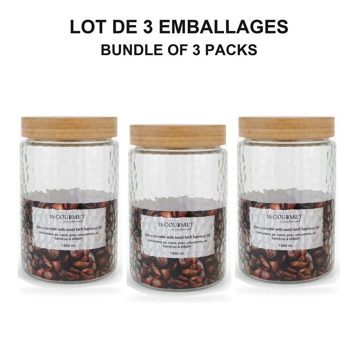 JS Gourmet  - Ensemble de 3 Contenants en Verre Embossé avec Couvercle Hermétique, Capacité de 1300ml - emballage - Simple Boutique