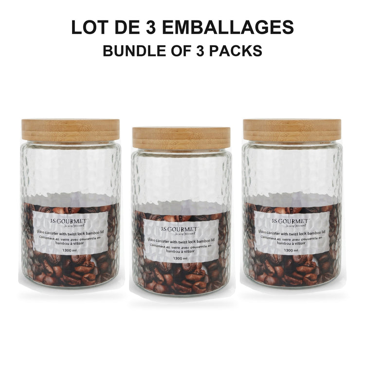 JS Gourmet  - Ensemble de 3 Contenants en Verre Embossé avec Couvercle Hermétique, Capacité de 1300ml - emballage - Simple Boutique
