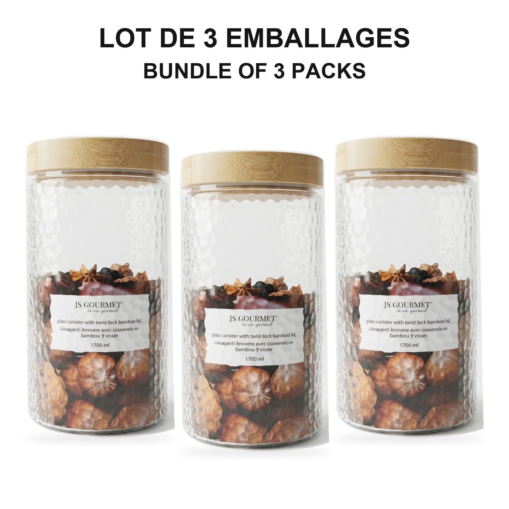 JS Gourmet  - Ensemble de 3 Contenants en Verre Embossé avec Couvercle Hermétique, Capacité de 1700ml - emballage - Simple Boutique