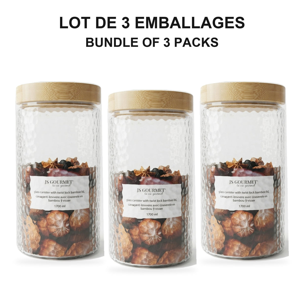 JS Gourmet  - Ensemble de 3 Contenants en Verre Embossé avec Couvercle Hermétique, Capacité de 1700ml - emballage - Simple Boutique
