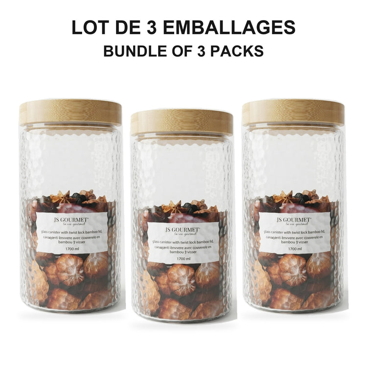 JS Gourmet  - Ensemble de 3 Contenants en Verre Embossé avec Couvercle Hermétique, Capacité de 1700ml - emballage - Simple Boutique