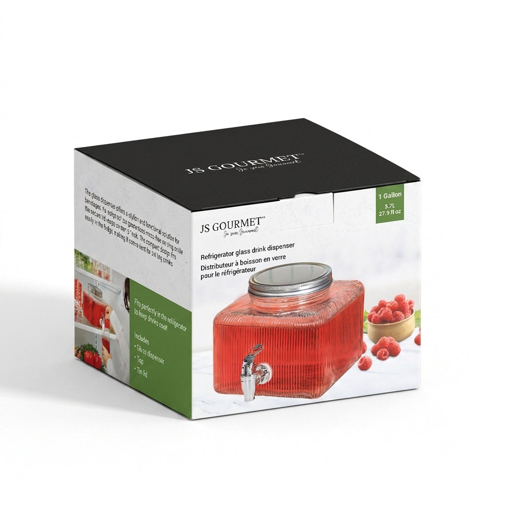 JS Gourmet - Distributeur de Boisson en Verre avec Robinet pour Réfrigérateur, Capacité de 3.7 Litres - emballage - Simple Boutique