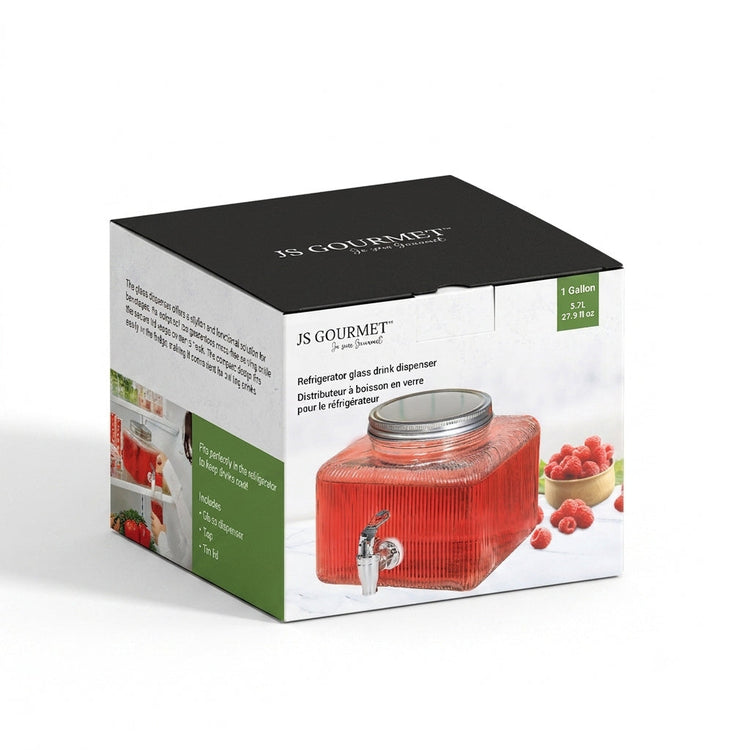 JS Gourmet - Distributeur de Boisson en Verre avec Robinet pour Réfrigérateur, Capacité de 3.7 Litres - emballage - Simple Boutique