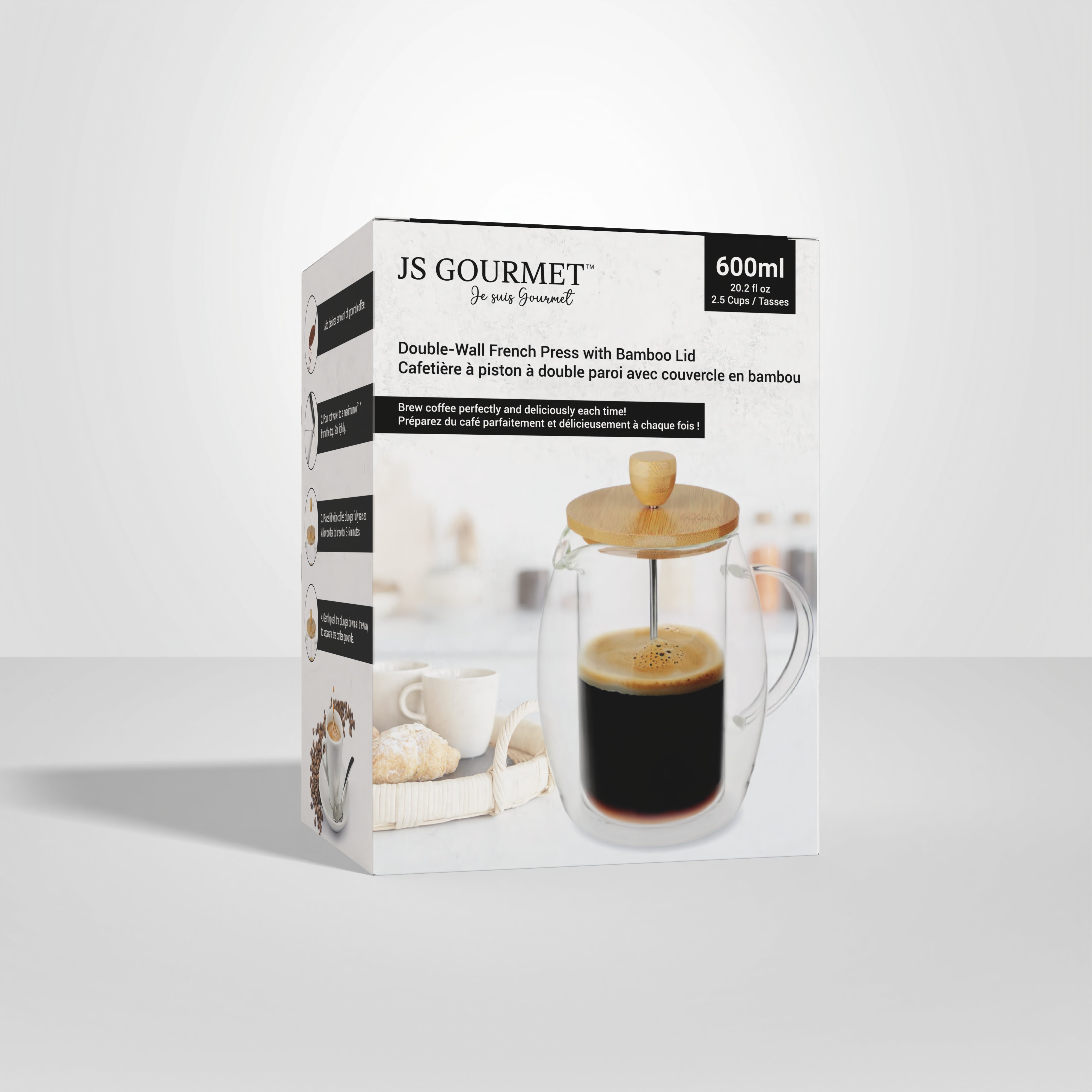 JS Gourmet - Cafetière à Presse Francaise en Verre à Double Paroi, Couvercle en Bambou, Capacité de 600ml - emballage - Simple Boutique