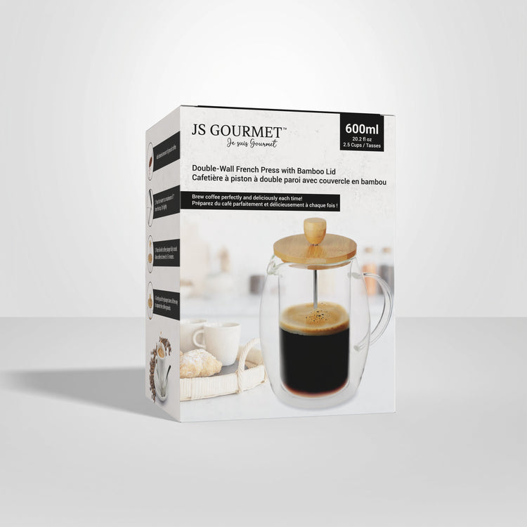 JS Gourmet - Cafetière à Presse Francaise en Verre à Double Paroi, Couvercle en Bambou, Capacité de 600ml - emballage - Simple Boutique