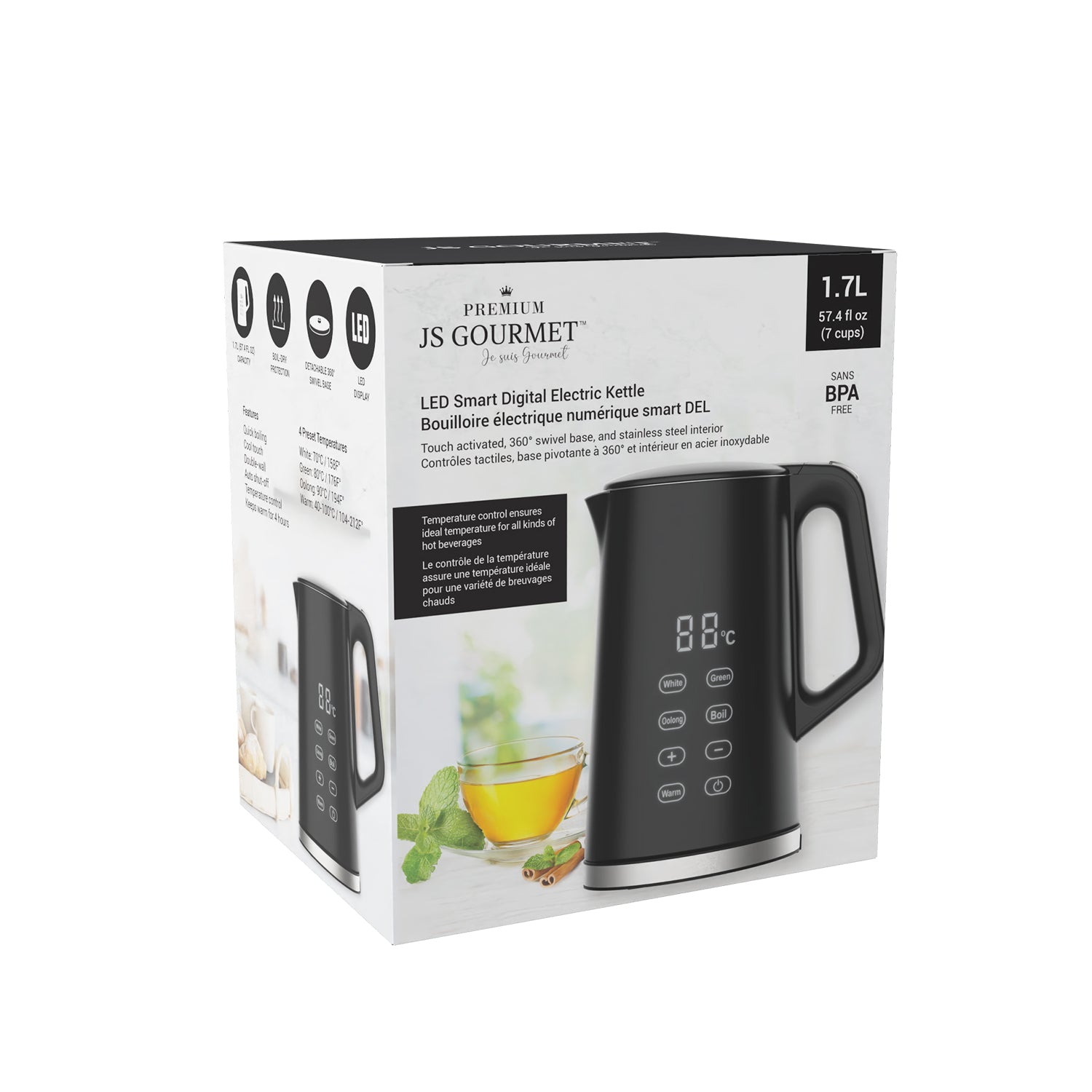 JS Gourmet - Bouilloire Électrique Numérique, Contrôle Tactile, Capacité de 1.7 Litre, Noir - emballage - Simple Boutique